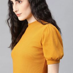 Casual Puff Sleeves Solid Women Yellow Top-image-83