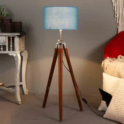 pristine interiors Athens Blue Cotton Shade Tripod Floor Lamp With Mango wood Base-picture-35