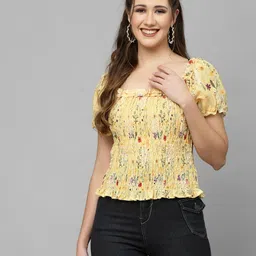 mafadeny Casual Regular Sleeves Floral Print Women Yellow Top-picture-9