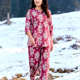 Women Night Suit Set Maroon Printed-image-76