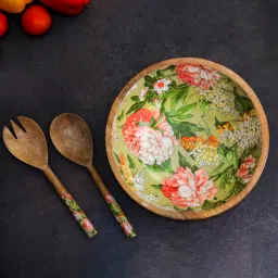 august collectives Floral Green Mango Wood 4 Pcs Serving Bowls with Serving Spoons-picture-39