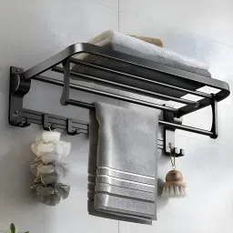 Aluminium Folding Towel Rack with Swivel Towel Rod/Towel Hanger with Hooks (962) Grey Towel Holder-image-11