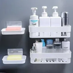 Multipurpose Self-Adhesive Plastic Kitchen Bathroom Shelf Wall Holder Storage Rack. ( 2 Bathroom Shelf + 2 Soap Dish ) Plastic Wall Shelf-picture-17