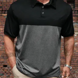 Men Colorblock Polo Neck Cotton Blend Grey T-Shirt-image-90