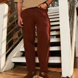 Men Straight Fit Brown Crepe Trousers-image-3