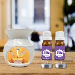 PEEPRESION Ceramic White Oil Burner Diffuser With 2 can & 2 Lavender Aroma Oil (10ml Each) Scented Air Diffuser For Home, Office, Club, Studio, Bathroom, Study Table, Gym Diffuser-36