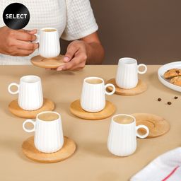 nestasia Pack of 6 Ceramic Chic Espresso Coffee Cup And Wooden Saucer Set Of 6 100ml-picture-1