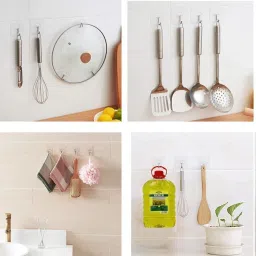 Metal Self Adhesive Transparent Sticky Wall Hooks Plastic Dress Pack of 6 Hangers For Dress-36