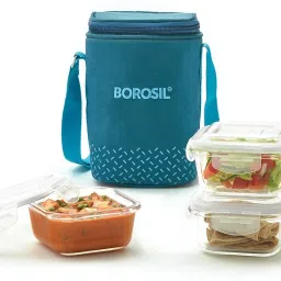 Teal Lunch Box with Bag, 3 Pc (320 ml x 3 Square), Glass Office Tiifin 3 Containers Lunch Box-picture-3