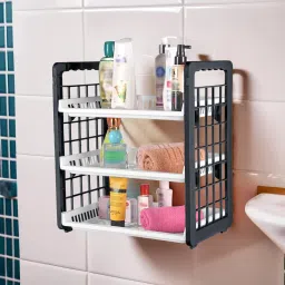 3-Tier Wall Mountable Plastic Kitchen & Bathroom Stand/Rack | White & Grey Plastic Wall Shelf-image-4