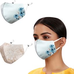 Anti-Pollution, Anti-Bacterial (BFE>99%) 4 Layer Embroidered, Designer, Fashionable & Protective Nylon Cloth Face Mask Combo for Women, Girls with Detachable Chain, Size Adjustable Ear Loops & Mask Bag Peacock_Combo_Medium_02 Reusable, Washable Cloth Mask-image-9