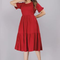 Women Gathered Maroon Midi/Calf Length Dress-image-4