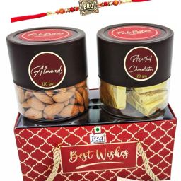 Rakhi with Chocolate n Dry Fruit Almond Gift Hamper for Brother or Bhabhi Paper Gift Box-11