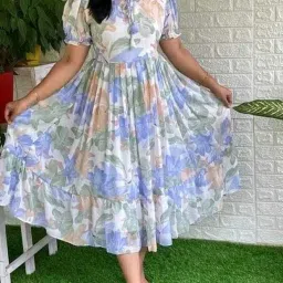 Women Fit and Flare Light Blue, White Midi/Calf Length Dress-image-31