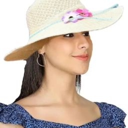 Zonkar Woman Cream Flower Printed Long Brim Beach and Sun Hat/caps for Women & Girls-image-0