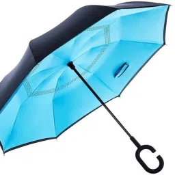 Double Layer Inside-Out Inverted Umbrella and Self Standing, Reverse Folding Umbrella with C-shaped Hands Free Handle (sky blue) Umbrella-image-100