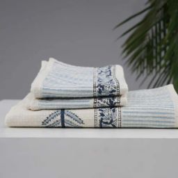 peepul tree Hand Block Printed 100% Pure Cotton Floral Blue 240 GSM Super Absorbent 2 Hand and 1 Bath Towel Set-picture-36