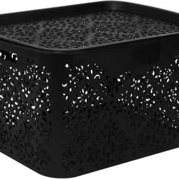 Plastic Large Turkish Baskets Large with Lid for Kitchen, Vegetables, Toys, Books, Office, Stationery, Utility, Cosmetics, Accessories, Closet, Wardrobe - Black, Set of 1 Storage Basket (Pack of 1) Storage Basket-36