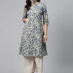 Biba Women Blue Cream-Coloured Floral Printed Pure Cotton A-Line Kurta-image-13