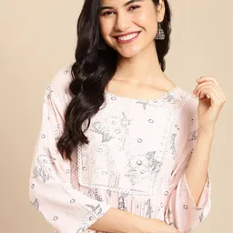 SHOWOFF Women Peach-Coloured & Purple Floral Printed Floral Anarkali Kurta-image-42