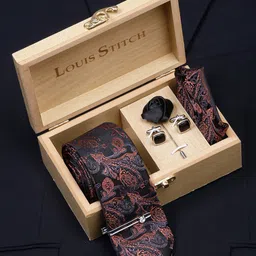 LOUIS STITCH Men Brown Floral Printed Italian Silk Necktie Accessory Gift Set-image-16