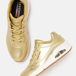 Skechers Women Gold Toned Perforated Leather Regular Uno - Aluminiferous Sneakers-image-81