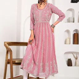 HERENOW Women Chikankari Embroidered Thread Work Georgette Anarkali Kurta-image-54