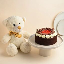 Cherry Black Forest Cake With Golden Bow Teddy Bear-5