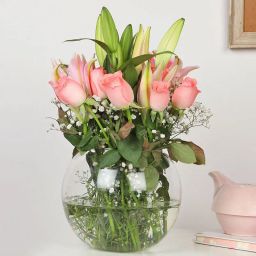 Pink Rose N Lily Glass Vase-7
