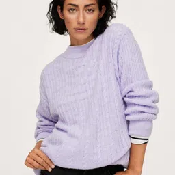 MANGO Women Lavender Cable Knit Longline Pullover-image-98
