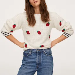 MANGO Women White & Maroon Conversational Self Design Pullover-image-74