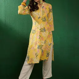 Sangria Floral Leaf Printed Mandarin Collar Cotton Straight Kurtas-image-1