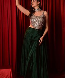 Laalzari Embroidered Shoulder StrapsCrop Top & Palazoo With Neck Band Dupatta-image-64