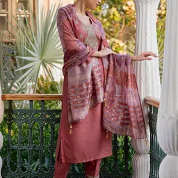 WOMEN PLUS Ethnic Motifs Yoke Design Thread Work Straight Kurta With Trousers & Dupatta-picture-51