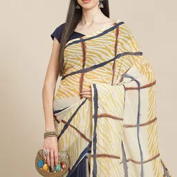 Anouk Beige & Navy Blue Printed Saree-image-58