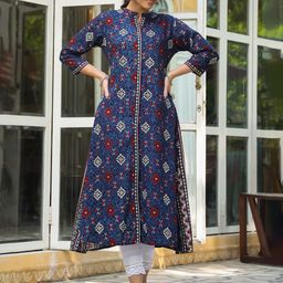 Juniper Women Navy Blue & White Ethnic Motifs Printed Band Collar Rayon A-Line Kurta-image-48
