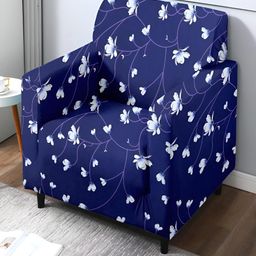 Stuff N' Fluff Navy Blue & White Floral Printed 1 Seater Sofa Cover With Arms-16