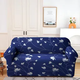 Stuff N' Fluff Navy Blue & White Floral Super-Stretchable 2-Seater Sofa Cover With Arms-image-16