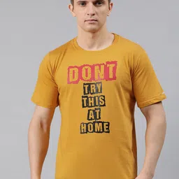 BRATMA Men Mustard Yellow Printed Round Neck Pure Cotton T-shirt-image-43