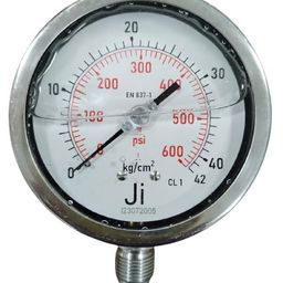 "Ji" Japsin Instrumentation Glycerin Filled Pressure Gauge, 4" Dial (100 mm), SS 304 Case Bayonet Type & SS Internals, Range 0 to 42 Kg/Cm2 With Dual Scale of 600 PSI, Direct Mounting Bottom Entry image 1