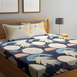 SOKNACK Navy Blue & Cream Floral Printed 300 TC Queen Bedsheet With 2 Pillow Covers-18