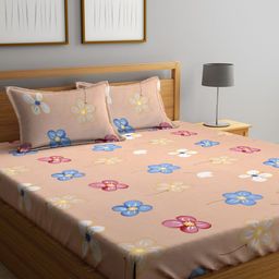 SOKNACK Peach & Blue Floral Printed 260 TC Queen Bedsheet With 2 Pillow Covers-image-29