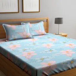 SOKNACK Blue & Pink Floral Printed 300 TC Queen Bedsheet With 2 Pillow Covers-4