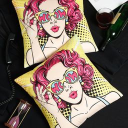 SOKNACK Beige & Yellow Set of 2 Graphic Printed Velvet Square Cushion Covers-20