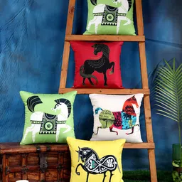 SOKNACK Green & Red Set of 5 Abstract Square Cushion Covers-14