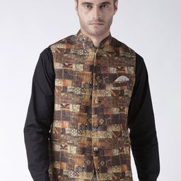 Hangup Men Brown Printed Nehru Jacket-image-82