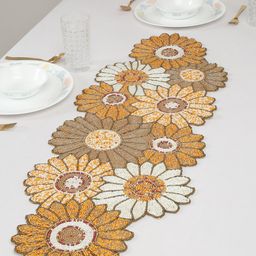 HOSTA HOMES Brown & White Floral Embellished Bead Work Table Runner-53
