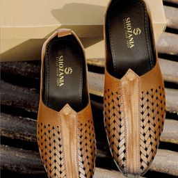 SHOZANIA Men Textured Leather Lightweight Laser Cuts Mojaris-5