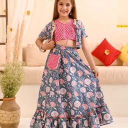 pspeaches Girls Floral Printed Striped Ready to Wear Lehenga Choli With Waist Coat-image-10