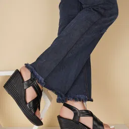 The Roadster Lifestyle Co. Black Cross Strap Wedge Heels-22